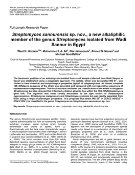 Streptomyces Sannurensis Sp. Nov., a New Alkaliphilic Member of the Genus Streptomyces Isolated from Wadi Sannur in Egypt