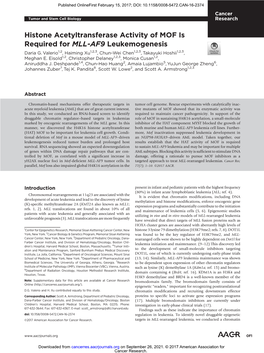 Histone Acetyltransferase Activity of MOF Is Required for MLL-AF9 Leukemogenesis Daria G