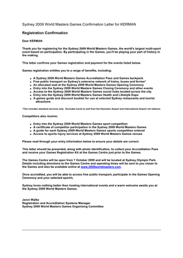 Sydney 2009 World Masters Games Confirmation Letter for KERMAN