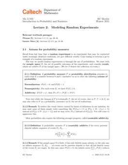 Lecture 2: Modeling Random Experiments