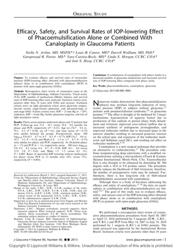 Efficacy, Safety, and Survival Rates of IOP-Lowering Effect of Phacoemulsification Alone Or Combined with Canaloplasty in Glaucoma Patients