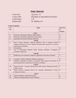 Principles of Agricultural Economics Credit Hours: 2+0 Prepared By: Dr