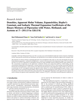 Research Article Densities, Apparent Molar Volume, Expansivities, Hepler's Constant, and Isobaric Thermal Expansion Coefficien
