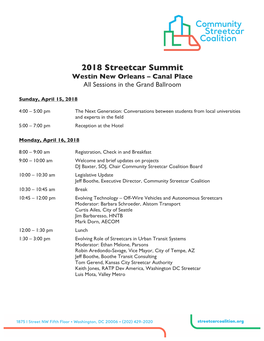 2018 Streetcar Summit Westin New Orleans – Canal Place All Sessions in the Grand Ballroom