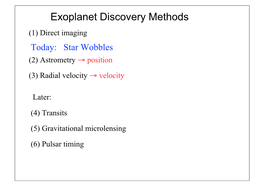 Exoplanet Discovery Methods (1) Direct Imaging Today: Star Wobbles (2) Astrometry → Position (3) Radial Velocity → Velocity
