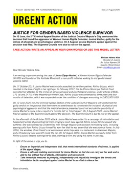 Mozambique: JUSTICE for GENDER-BASED VIOLENCE SURVIVOR: Josina Machel
