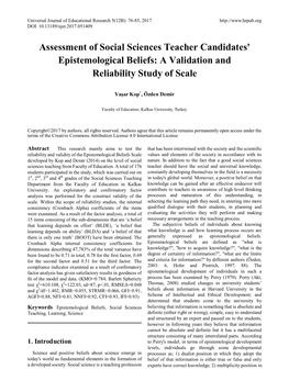 Assessment of Social Sciences Teacher Candidates' Epistemological Beliefs: a Validation and Reliability Study of Scale