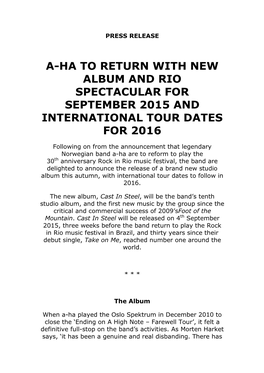 A-Ha to Return with New Album and Rio Spectacular for September 2015 and International Tour Dates for 2016