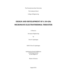 DESIGN and DEVELOPMENT of a 30-Ghz MICROWAVE ELECTROTHERMAL THRUSTER