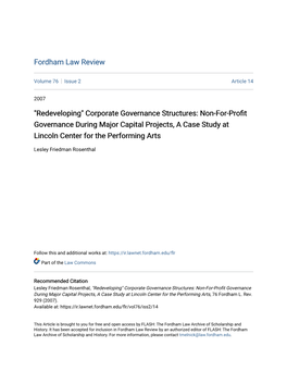 "Redeveloping" Corporate Governance Structures: Non-For-Profit Governance During Major Capital Projects, a Case Study at Lincoln Center for the Performing Arts