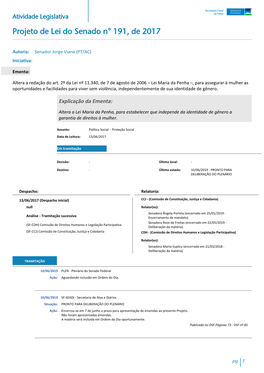 Atividade Legislativa Projeto De Lei Do Senado N° 191, De 2017