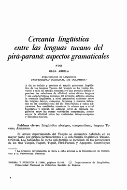 Cercanía Lingüística Entre Las Lenguas Tucano Del Pirá-Paraná: Aspectos Gramaticales