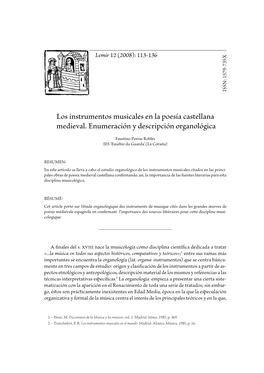 PORRAS ROBLES, Faustino, "Los Instrumentos Musicales En La Poesía Castellana Medieval. Enumeración Y Descripción Organológica"