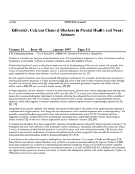 Calcium Channel Blockers in Mental Health and Neuro Sciences