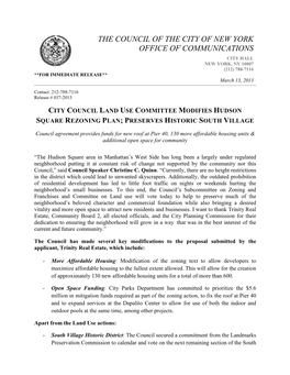 City Council Announcement Re: Hudson Sq. Rezoning and South