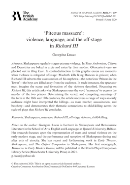 Piteous Massacre’: Violence, Language, and the Off-Stage in Richard III