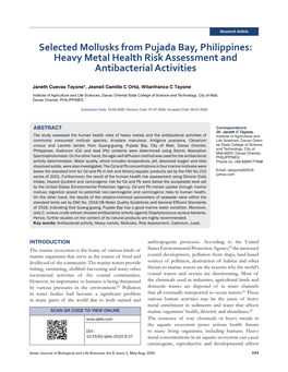 Selected Mollusks from Pujada Bay, Philippines: Heavy Metal Health Risk Assessment and Antibacterial Activities