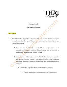 February 3, 2021 Thai Enquirer Summary Political News • Prime