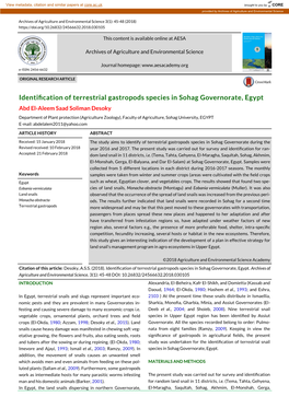 Identification of Terrestrial Gastropods Species in Sohag Governorate, Egypt