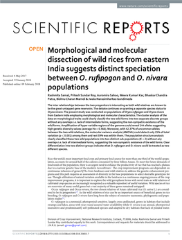 Morphological and Molecular Dissection of Wild Rices from Eastern India Suggests Distinct Speciation Received: 8 May 2017 Accepted: 22 January 2018 Between O