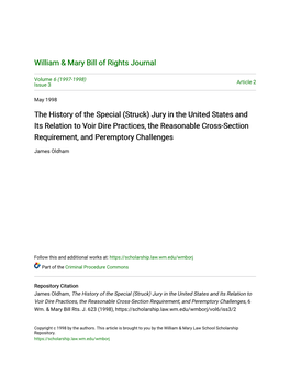 The History of the Special (Struck) Jury in the United States and Its Relation to Voir Dire Practices, the Reasonable Cross-Sect