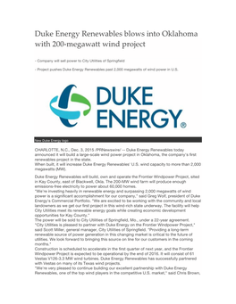 Duke Energy Renewables Blows Into Oklahoma with 200-Megawatt Wind Project