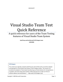 Visual Studio Team Test Quick Reference a Quick Reference for Users of the Team Testing Features of Visual Studio Team System