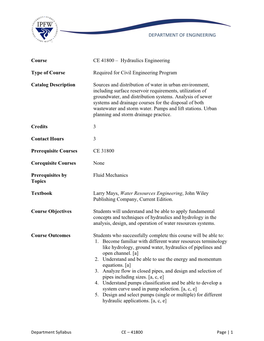 DEPARTMENT of ENGINEERING Course CE 41800 – Hydraulics