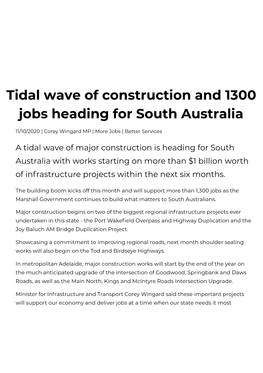 Tidal Wave of Construction and 1300 Jobs Heading for South Australia