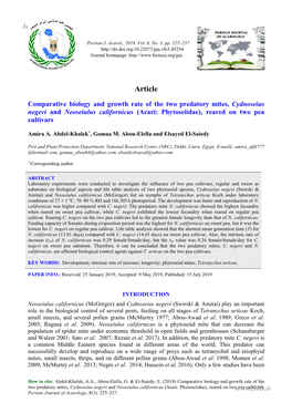 Comparative Biology and Growth Rate of the Two Predatory Mites, Cydnoseius Negevi and Neoseiulus Californicus (Acari: Phytoseiidae), Reared on Two Pea Cultivars