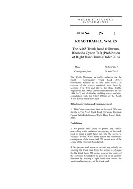 Hirwaun, Rhondda Cynon Taf) (Prohibition of Right Hand Turns) Order 2014