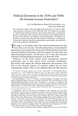 Political Extremism in the 1920S and 1930S: Do German Lessons Generalize?G 