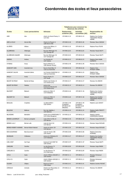 Coordonnées Des Écoles Et Lieux Parascolaires