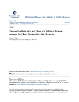 Transnational Migration and Ethnic and Religious Renewal Amongst the Ethnic German Minority in Romania