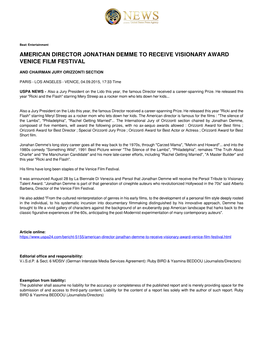 American Director Jonathan Demme to Receive Visionary Award Venice Film Festival