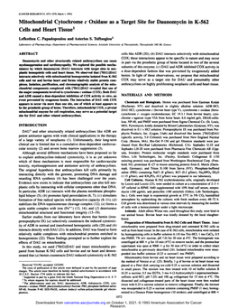 Mitochondrial Cytochrome C Oxidase As a Target Site for Daunomycin in K-562 Cells and Heart Tissue1