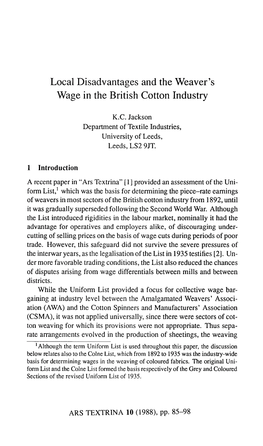 Local Disadvantages and the Weaver's Wage in the British Cotton Industry