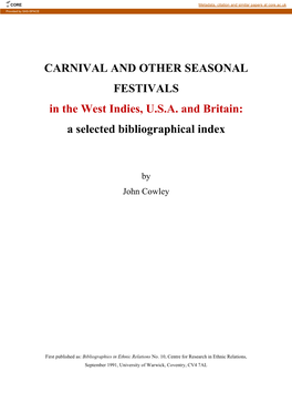 CARNIVAL and OTHER SEASONAL FESTIVALS in the West Indies, USA and Britain