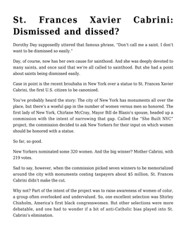 St. Frances Xavier Cabrini: Dismissed and Dissed?