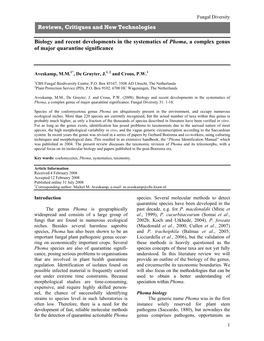 Biology and Recent Developments in the Systematics of Phoma, a Complex Genus of Major Quarantine Significance Reviews, Critiques