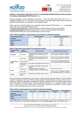 POROČILO O SKLADNOSTI PITNE VODE V LETU 2017 ZA VODOVODNA SISTEMA POSTOJNA–PIVKA in SUHORJE (V Upravljanju Javnega Podjetja KOVOD Postojna, D