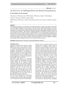 An Overview On: Sublingual Route for Systemic Drug Delivery
