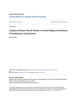 Analysis of Stream Runoff Trends in the Blue Ridge and Piedmont of Southeastern United States