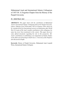 Muhammad Asad and International Islamic Colloquium of 1957-58: a Forgotten Chapter from the History of the Punjab University