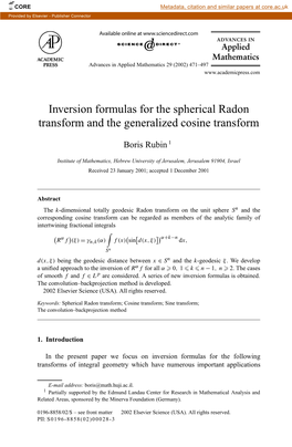 Inversion Formulas for the Spherical Radon Transform and the Generalized Cosine Transform