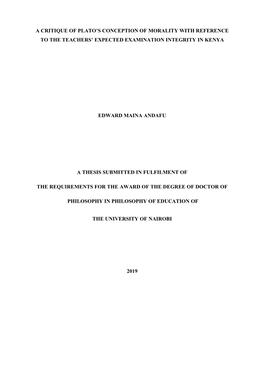 Critique of Plato's Conception of Morality with Reference to the Teachers' Expected Examination Integrity in Kenya