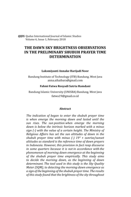 The Dawn Sky Brightness Observations in the Preliminary Shubuh Prayer Time Determination