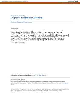 The Critical Hermeneutics of Contemporary Kleinian Psychoanalytically Oriented Psychotherapy from the Perspective of a Novice David M