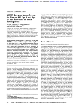 KDM7 Is a Dual Demethylase for Histone H3 Lys 9 and Lys 27 and Functions in Brain Development