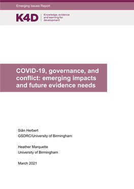 COVID-19, Governance, and Conflict: Emerging Impacts and Future Evidence Needs